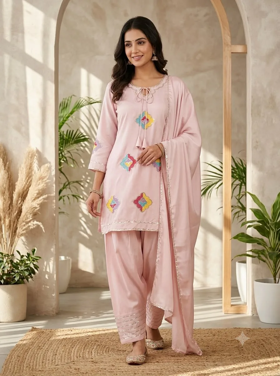 Pure Crepe Silk Farshi Salwar Suit with Dupatta | Youteek 1 Pure crepe silk farshi salwar suit with sequence embroidery kurti, free-size farshi salwar and crepe silk dupatta. Top height 36 inches, sizes M to XXL. Salwar 40 inches. Weight about 700 grams. Ready to dispatch. pure crepe silk farshi salwar suit