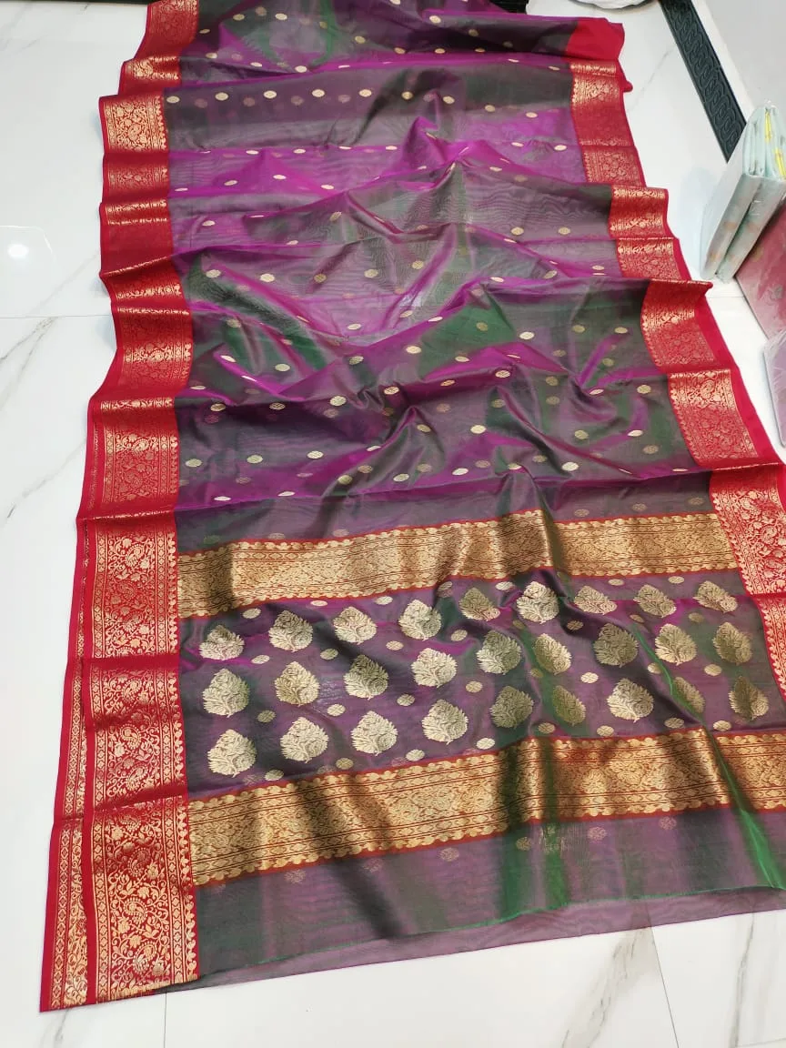 Original Purple Handloom Chanderi Katan Silk Saree | Pure Silk | Youteek 4 Original purple handloom Chanderi katan silk saree. Pure silk threads, delicate motifs and a rich zari border. Lightweight heritage drape. Free shipping across India. purple handloom chanderi silk saree