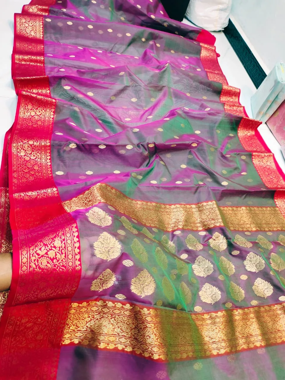 Original Purple Handloom Chanderi Katan Silk Saree | Pure Silk | Youteek 5 Original purple handloom Chanderi katan silk saree. Pure silk threads, delicate motifs and a rich zari border. Lightweight heritage drape. Free shipping across India. purple handloom chanderi silk saree