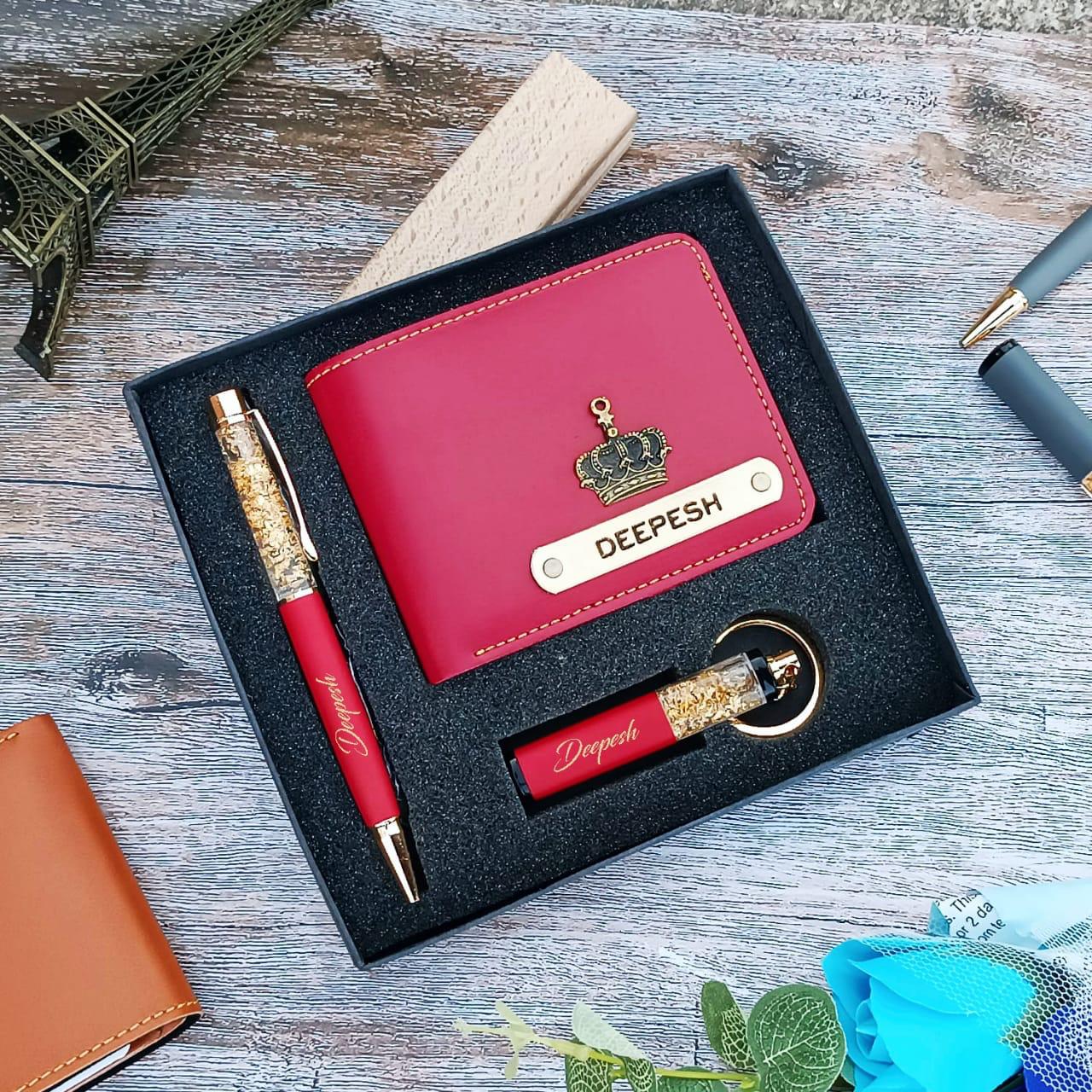 Same Color Mini Essential Hamper for Men – Wallet Pen Keychain Combo 4 Same color mini essential hamper for men – matching wallet, pen and keychain combo. Any name can be customised on all items. Available in 7 colors. Premium slot box packing. Faux leather wallet. Charm options available. Making time 1-2 days. Dispatch via DTDC air. Same Color Mini Essential Hamper for Men – Wallet Pen Keychain Combo