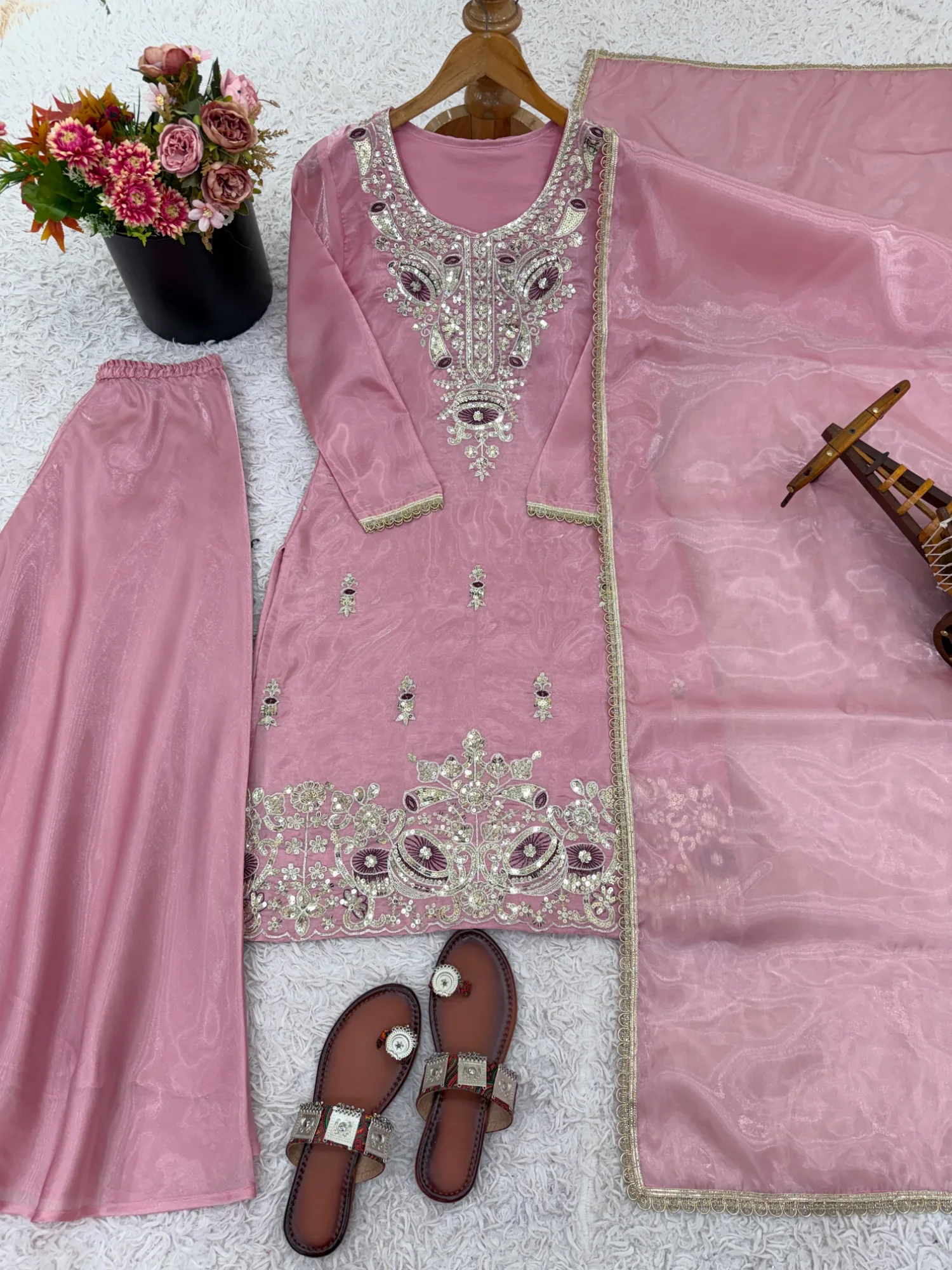 Sequence Work Silk Pant Suit Ready to Wear | Youteek 2 New ready-made sequence work silk pant suit in pure silky silk. Heavy embroidery sequence work with full sleeve. Fully stitched M to XXL, top 40 inches, flair bottom 39-40 inches, silk dupatta with lace. Weight 800 gm. sequence work silk pant suit ready to wear