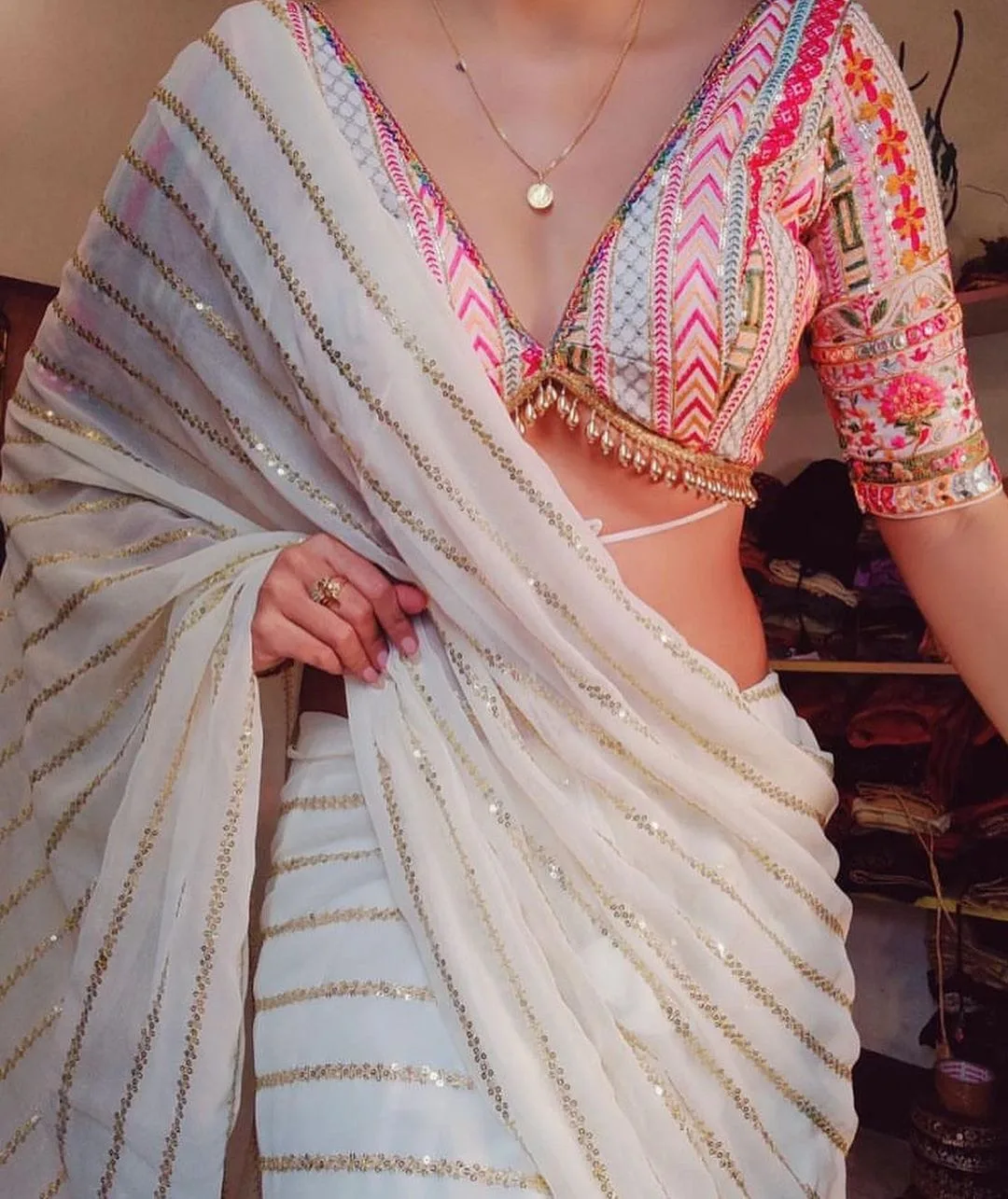 Soft Georgette Sequence Designer Saree | Unstitched Blouse 1 Soft best quality georgette saree with amazing 3mm sequence work and designer lace border. Mono fabric multi-thread embroidery sequence blouse (unstitch). Perfect festive & party wear. Ready in stock. Soft Georgette Sequence Designer Saree