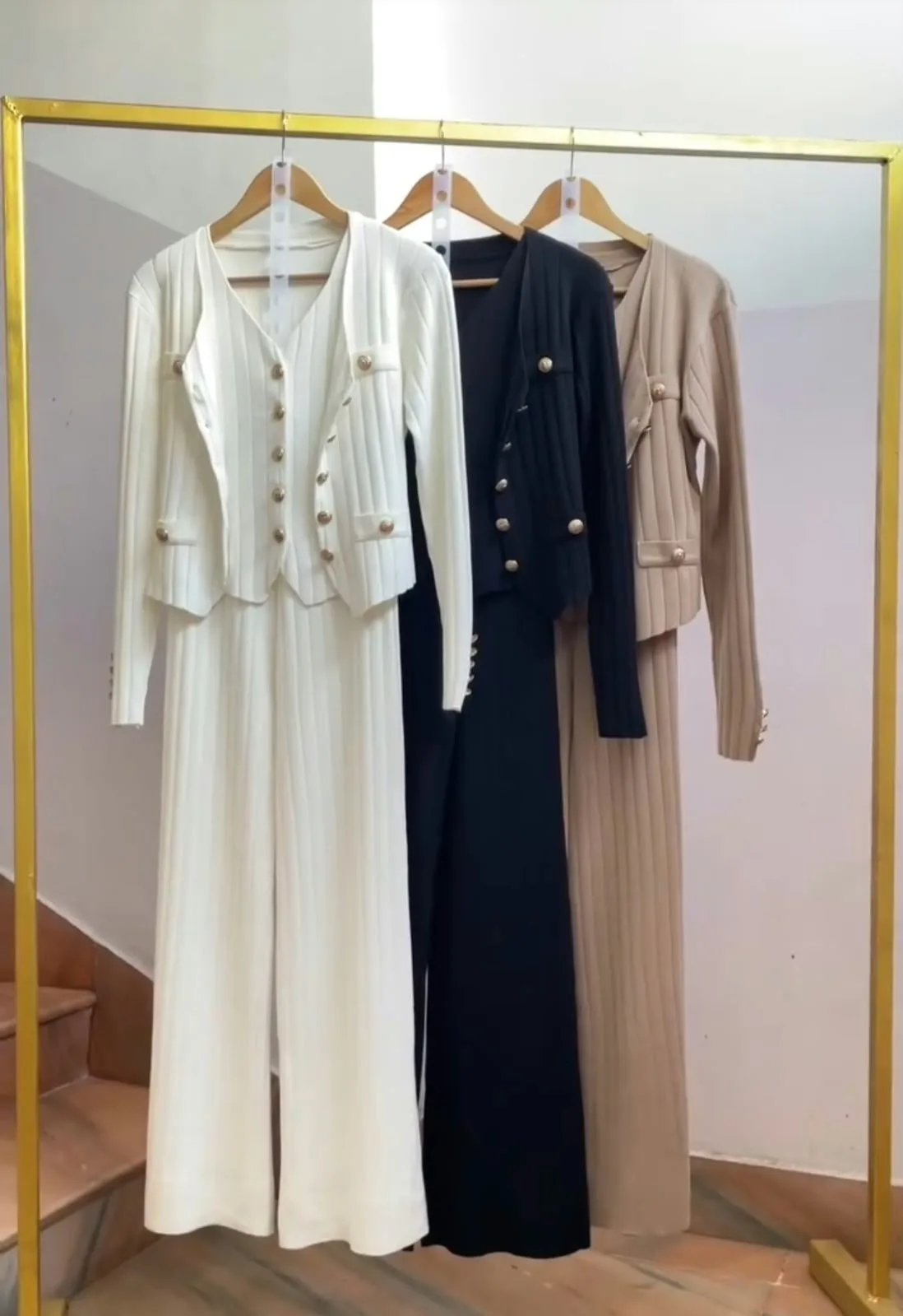 Soft Knitted 3 Piece Airport Coord Set | Youteek 1 Soft knitted 3-piece airport co-ord set with cropped jacket, stretch tank inner and relaxed pants. Free size comfort. Inner and jacket fit till 40 bust, pant till 44 waist. Boutique quality. soft knitted 3 piece airport coord set