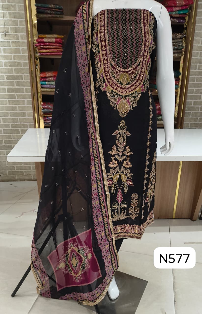 Soft Organza Semi Stitched Suit | Printed Self Work Set 2 Soft organza semi stitched suit with self work over print and print on back and sleeves. Bust about 52 inches, length about 44 inches. Soft shantoon silk bottom about 2.5 meters and printed organza dupatta. Soft Organza Semi Stitched Suit