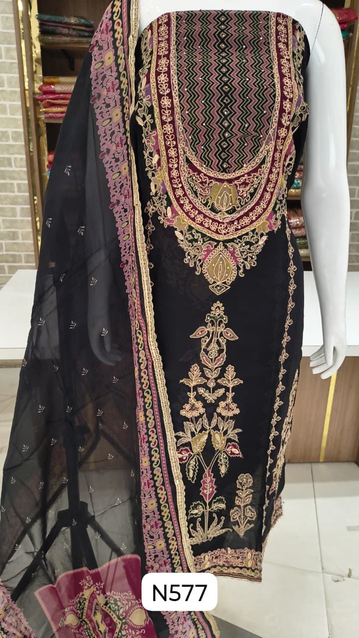 Soft Organza Semi Stitched Suit | Printed Self Work Set 1 Soft organza semi stitched suit with self work over print and print on back and sleeves. Bust about 52 inches, length about 44 inches. Soft shantoon silk bottom about 2.5 meters and printed organza dupatta. Soft Organza Semi Stitched Suit