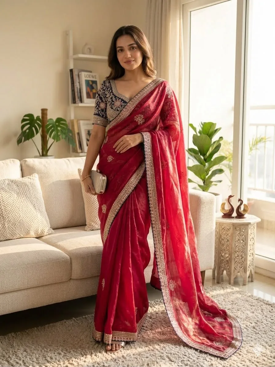 Soft Satin Saree with Embroidered Blouse 2 Exquisite Soft Satin Saree with Embroidered Blouse crafted from luxury Soft Frendy Satin Fabric with Shimmering Sequence and Zari Embroidery. Paired with Premium Heavy Front & Back Embroidered Blouse (Full Stitch Size 40, Alterable). Boutique quality guaranteed. Soft Satin Saree with Embroidered Blouse