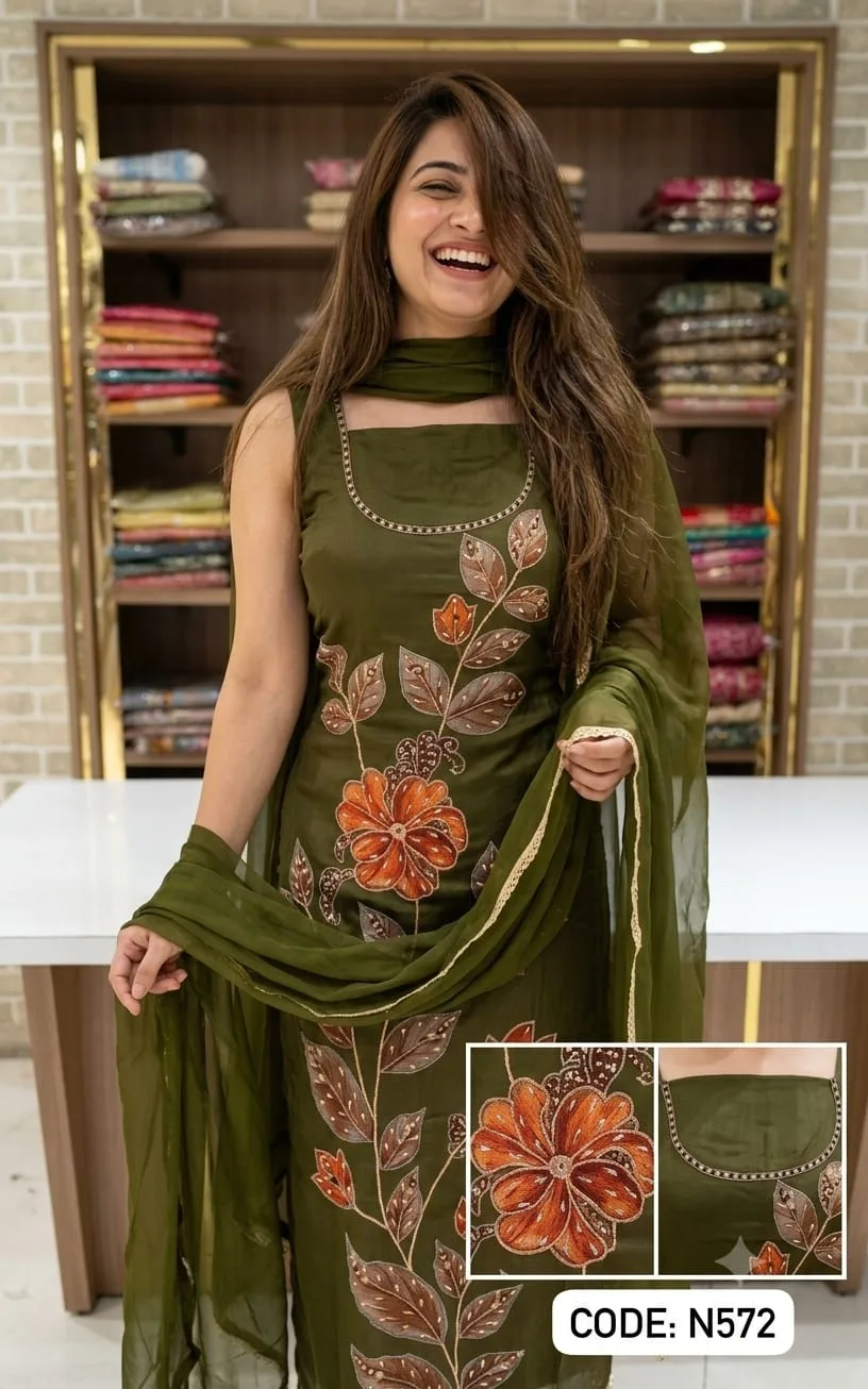 Soft Twill Silk Suit Set | Outlined Print with Chiffon Dupatta 3 Soft twill silk suit with outlining work over print. Bust about 58 inches, length about 46 inches. Soft shantoon silk bottom about 2.5 meters and pure chiffon dupatta. Soft Twill Silk Suit Set
