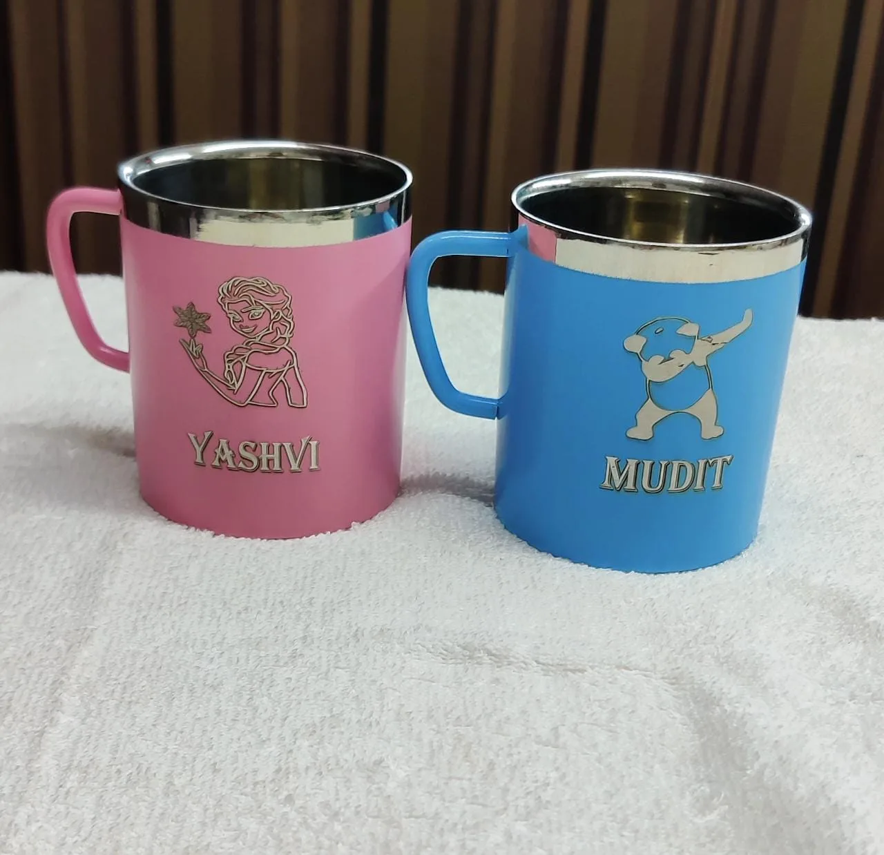 Stainless Steel Colour Coated Coffee Mugs | Customisable 2 Heavy Stainless Steel colour coated coffee/milk mugs β 200ml. Available in Black, White, Pink, Blue. Any name & theme customisable. Making time 3-4 working days. Stainless Steel Colour Coated Coffee Mugs