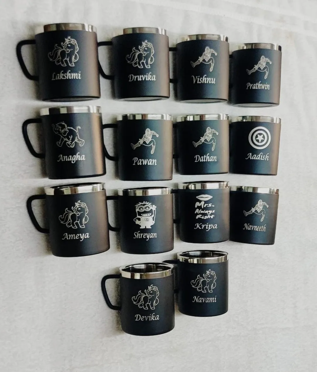 Stainless Steel Colour Coated Coffee Mugs | Customisable 3 Heavy Stainless Steel colour coated coffee/milk mugs β 200ml. Available in Black, White, Pink, Blue. Any name & theme customisable. Making time 3-4 working days. Stainless Steel Colour Coated Coffee Mugs