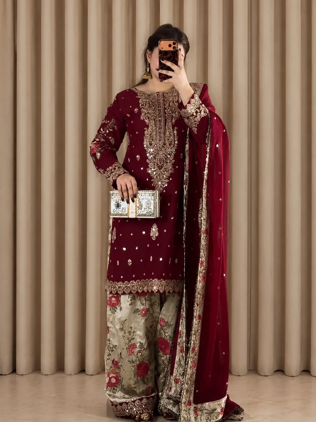 Stitched Farshi Suit Online | Youteek 2 Newly launched premium stitched farshi suit. French crepe kurti with 5mm sequence zari thread embroidery, moss satin silk farshi palazzo free size, faux georgette dupatta. Fully stitched M to XXL. stitched farshi suit online