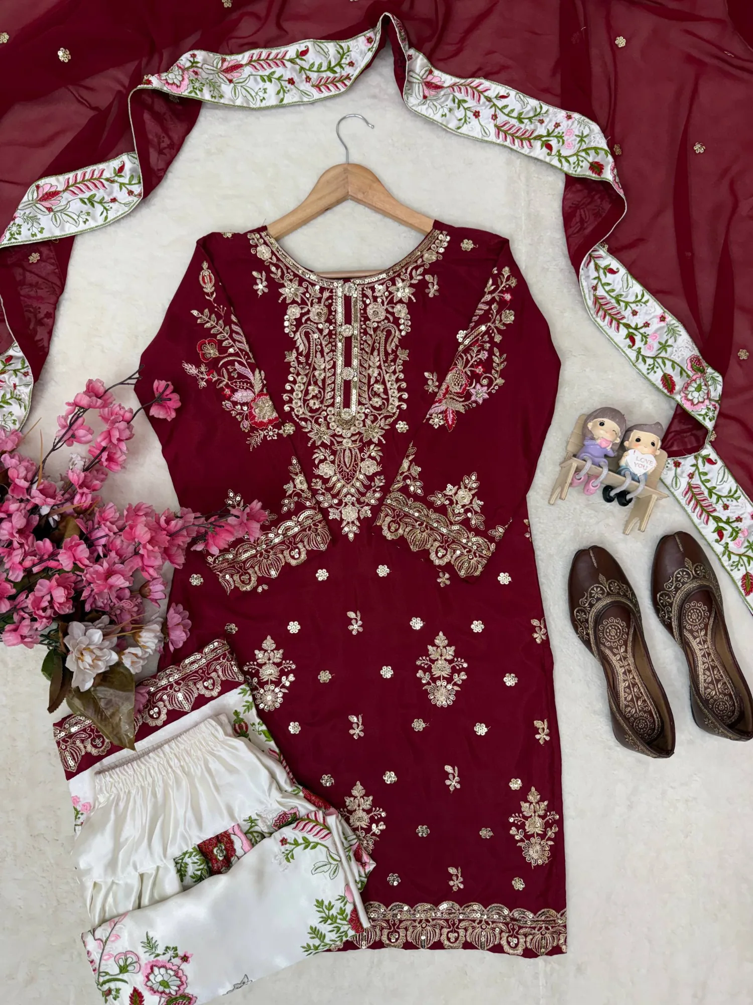 Stitched Farshi Suit Online | Youteek 1 Newly launched premium stitched farshi suit. French crepe kurti with 5mm sequence zari thread embroidery, moss satin silk farshi palazzo free size, faux georgette dupatta. Fully stitched M to XXL. stitched farshi suit online