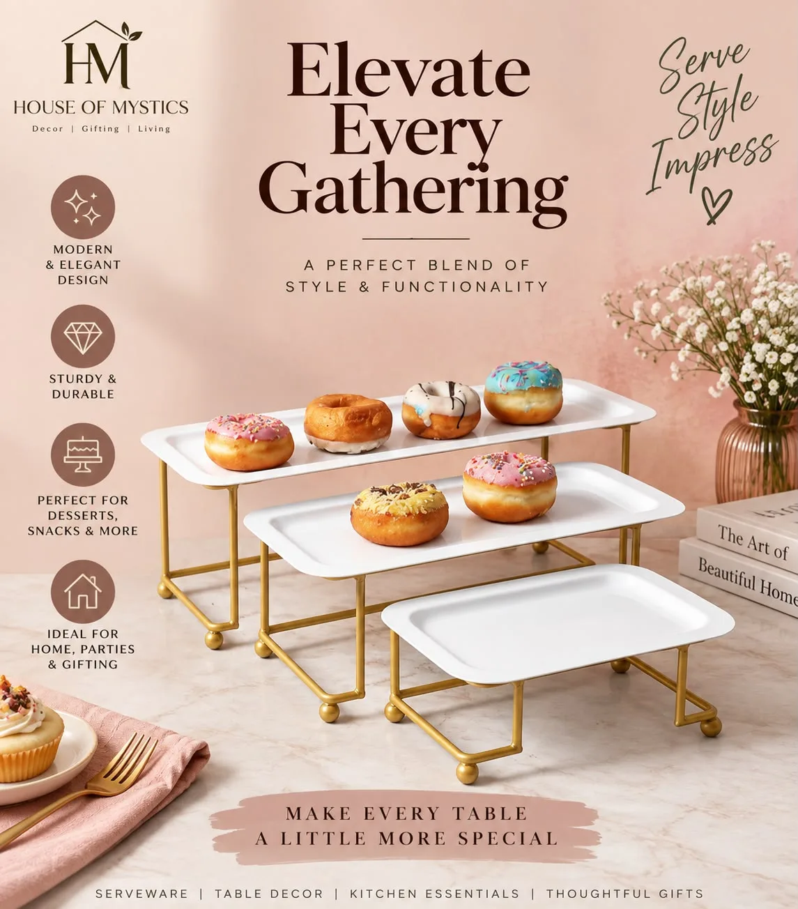 Three Layer Dessert Stand | 12-10-8 Inch Serving Stand 1 Beautiful three layer dessert stand in 12, 10 and 8 inch sizes. Elegant serving piece for parties, sweets and home styling. Discount available on bulk orders. Three Layer Dessert Stand