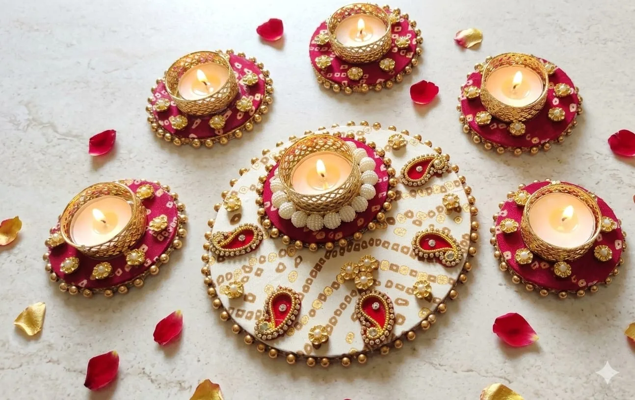 Traditional Bandhej Rangoli Set of 6 with Wax Candles 1 Traditional Bandhej Rangoli Set of 6 pcs with wax candles. Middle platter size 6.5 inch approx, siders size 3 inch. Making time 7-8 working days. Traditional Bandhej Rangoli
