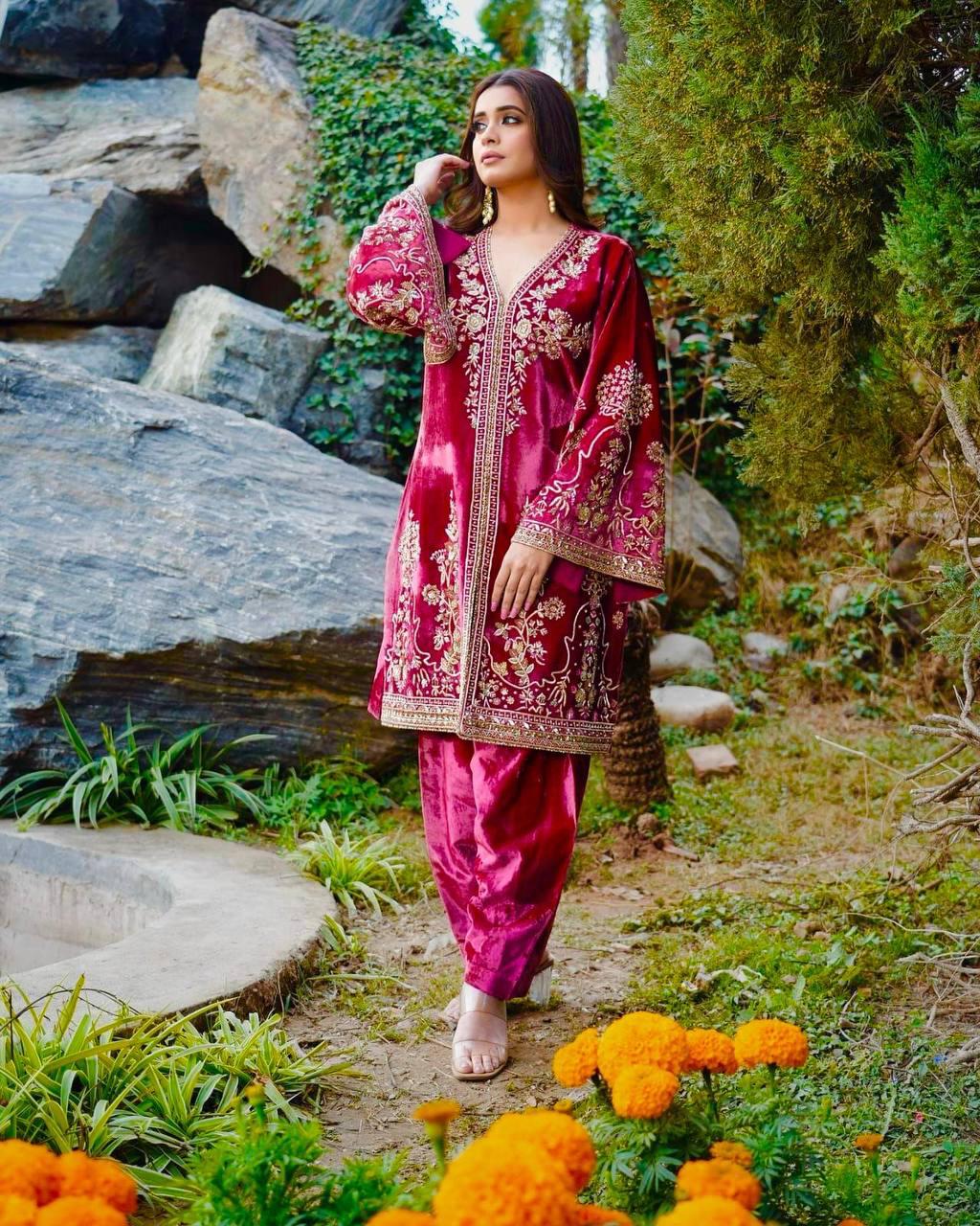 Velvet Palazzo Suit Under 1500 | Youteek 2 New heavy velvet kurti-palazzo set with beautiful sequence embroidery. Fully stitched top up to 44 (length 38 inches) and palazzo up to XXL. Georgette dupatta with sequence work. Micro crepe inner. velvet palazzo suit under 1500