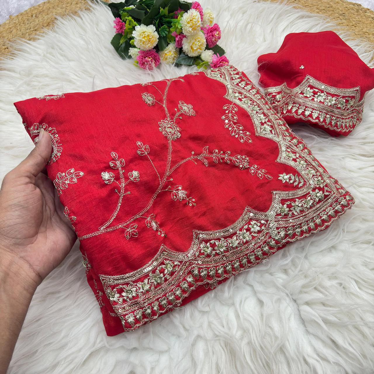Vichitra Silk Saree with Cutwork Border | Youteek 2 Designer soft heavy vichitra silk saree with C-pallu thread and sequence work and cut work border. Matching unstitched blouse with embroidery and sequence work. Party wear. vichitra silk saree with cutwork border
