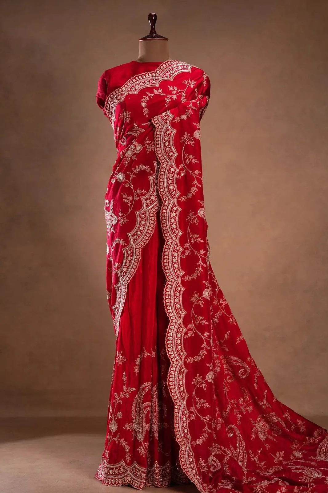 Vichitra Silk Saree with Cutwork Border | Youteek 1 Designer soft heavy vichitra silk saree with C-pallu thread and sequence work and cut work border. Matching unstitched blouse with embroidery and sequence work. Party wear. vichitra silk saree with cutwork border