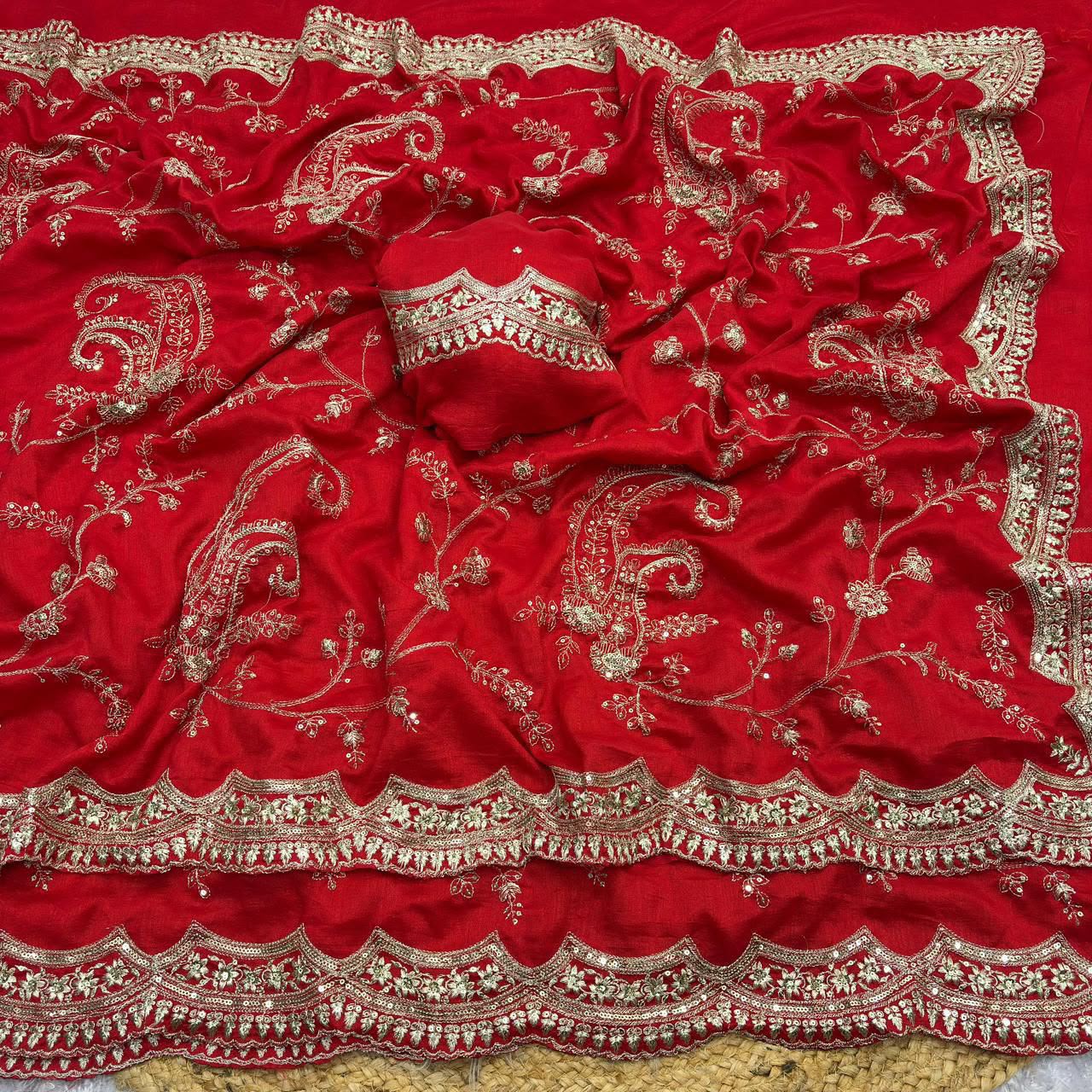 Vichitra Silk Saree with Cutwork Border | Youteek 5 Designer soft heavy vichitra silk saree with C-pallu thread and sequence work and cut work border. Matching unstitched blouse with embroidery and sequence work. Party wear. vichitra silk saree with cutwork border