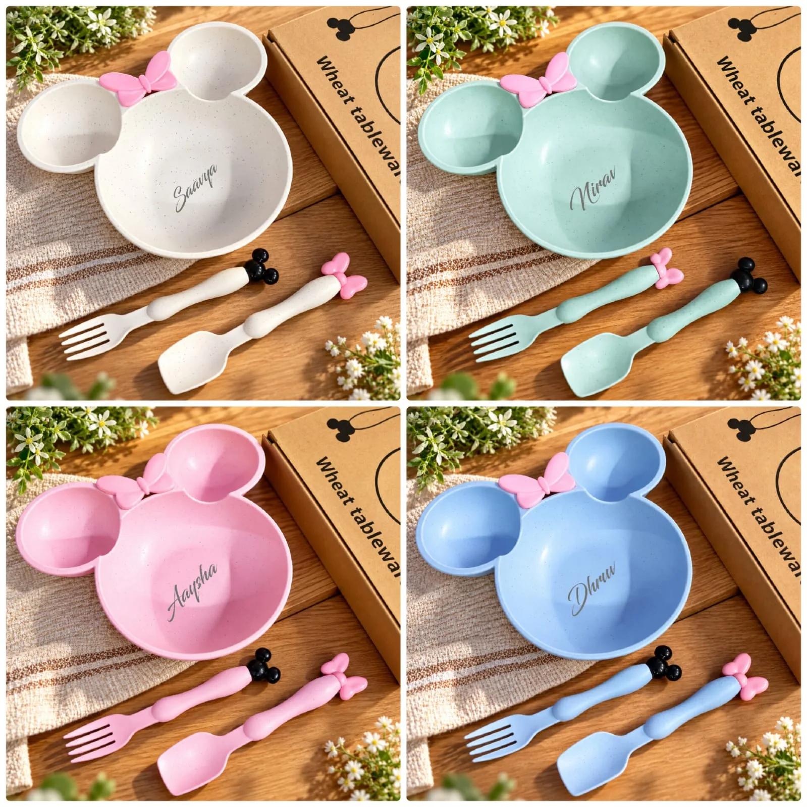 Special High Quality Wheat Base Cutlery Set – Mickey Theme 1 Special High Quality Wheat Base Cutlery Set with Mickey Theme Plate personalised with name, Fork & Spoon. Comes in proper box packing. Making time 3-4 working days. Wheat Base Cutlery Set Mickey Theme