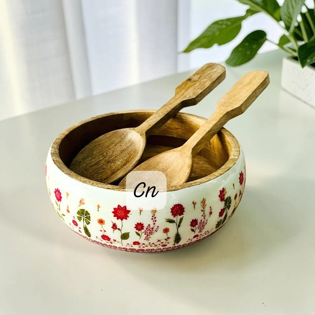 Wooden Serving Bowl with Salad Servers | 9x3 Inch 2 Wooden serving bowl, 9x3 inches, with wooden spoon and fork. Lacquer coating on wood and epoxy coating on the print area. Dispatch in 4-5 days from the order date. Wooden Serving Bowl with Salad Servers