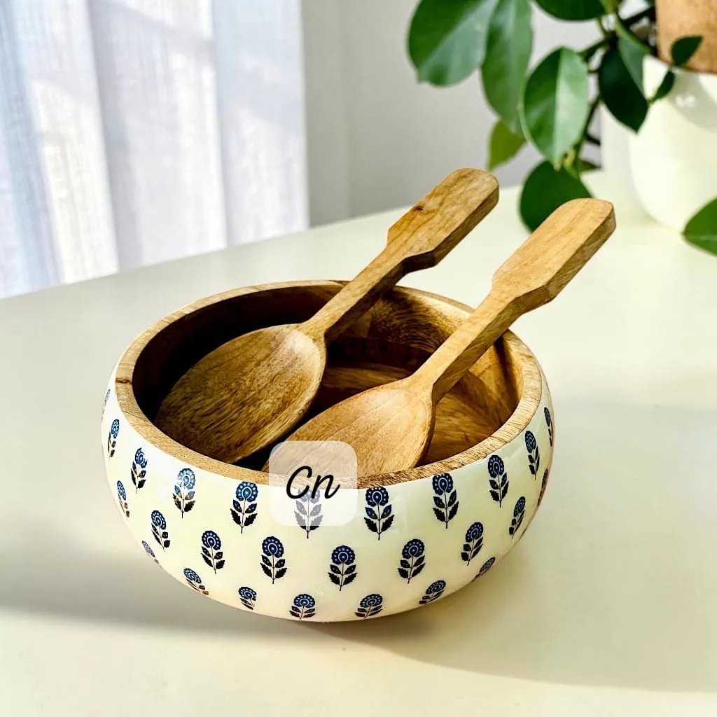Wooden Serving Bowl with Salad Servers | 9x3 Inch 4 Wooden serving bowl, 9x3 inches, with wooden spoon and fork. Lacquer coating on wood and epoxy coating on the print area. Dispatch in 4-5 days from the order date. Wooden Serving Bowl with Salad Servers