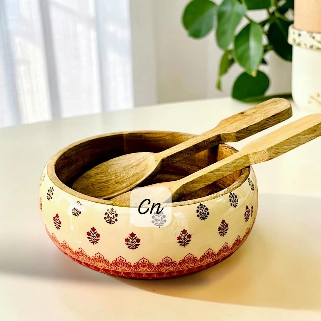 Wooden Serving Bowl with Salad Servers | 9x3 Inch 5 Wooden serving bowl, 9x3 inches, with wooden spoon and fork. Lacquer coating on wood and epoxy coating on the print area. Dispatch in 4-5 days from the order date. Wooden Serving Bowl with Salad Servers