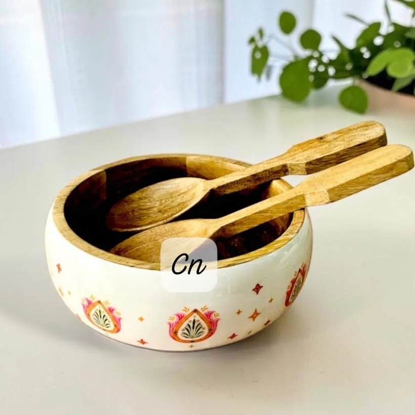 Wooden Serving Bowl with Salad Servers | 9x3 Inch 6 Wooden serving bowl, 9x3 inches, with wooden spoon and fork. Lacquer coating on wood and epoxy coating on the print area. Dispatch in 4-5 days from the order date. Wooden Serving Bowl with Salad Servers