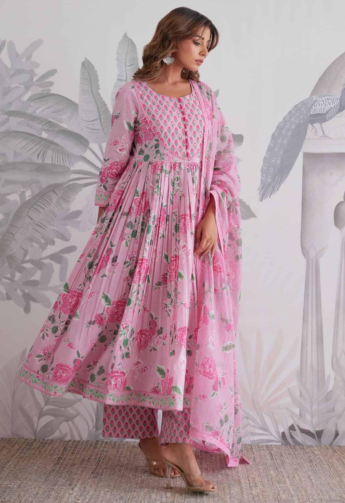 Exclusive Jaipuri Printed Pure Cotton Anarkali Set 1 <p dir="auto">Premium Pure Cotton Jaipuri Printed Anarkali Kurta (5 Mtr Flair) + Cotton Pant + Kota Doria Handblock Dupatta with Lace | Sizes 38-46</p> Exclusive Jaipuri Printed Pure Cotton Anarkali Set